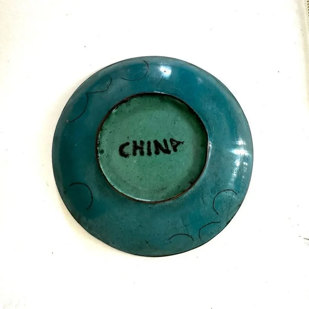 Green blue floral cloisonné  copper enamel vintage trinket dish